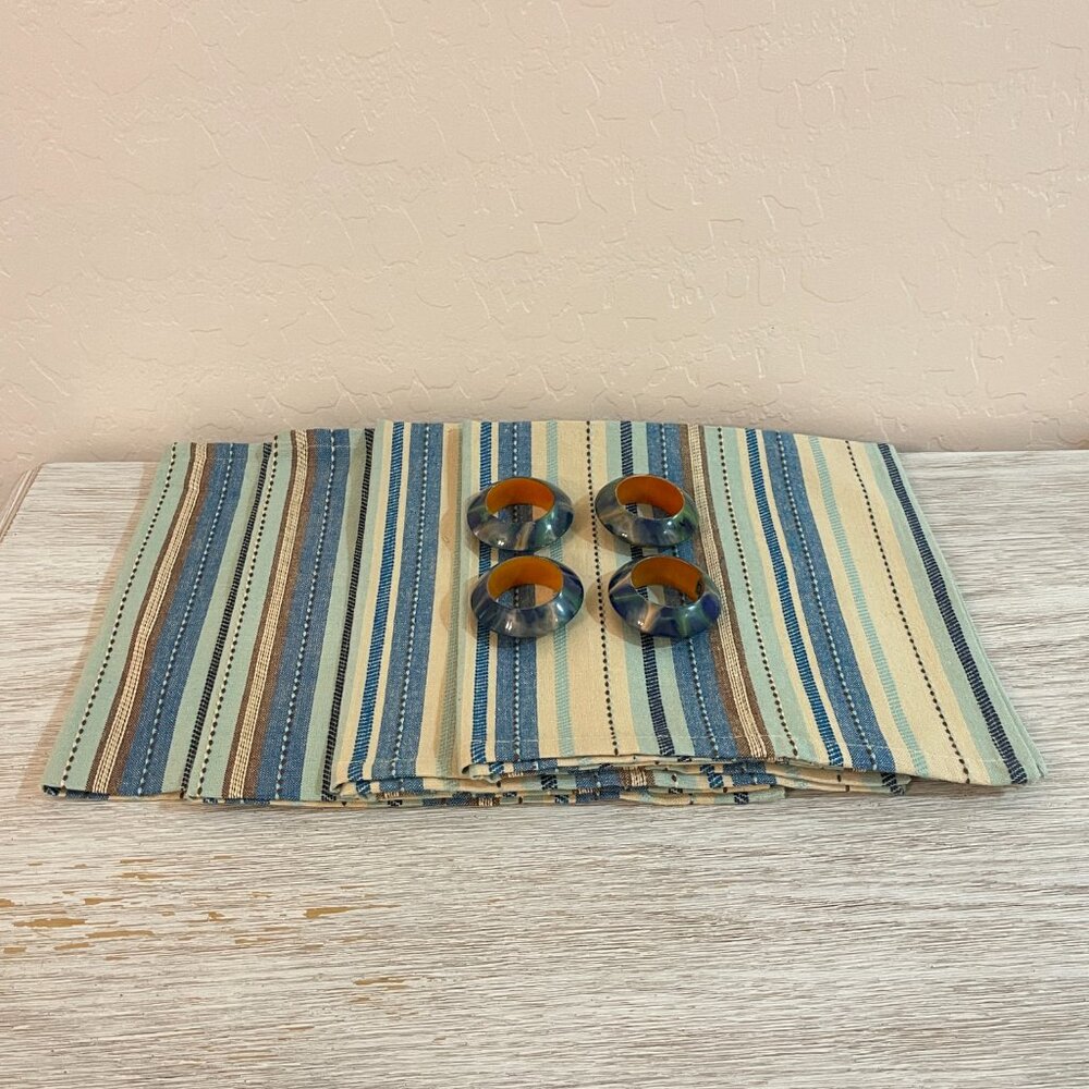 New Set of 4 Bobby Flay Cloth Napkins Rings Stripe Blue Green Tan Brown Linens
